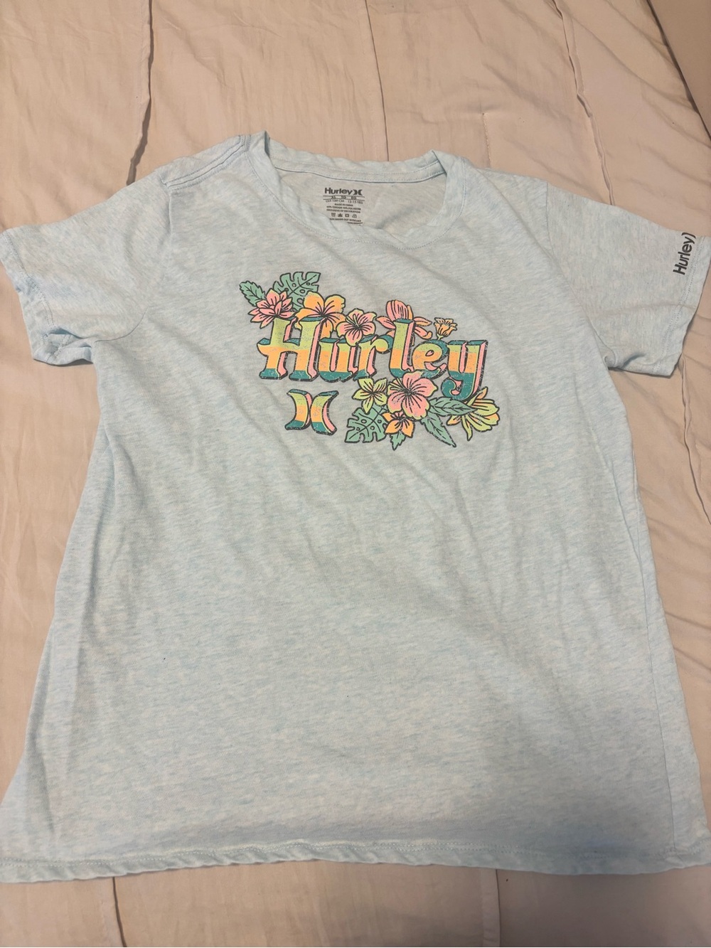 Hurley Girls' Light Blue Floral Logo Tee size kids XL